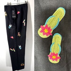 ROSANNA 100% Linen Pants Embroidered Beach Theme NWT